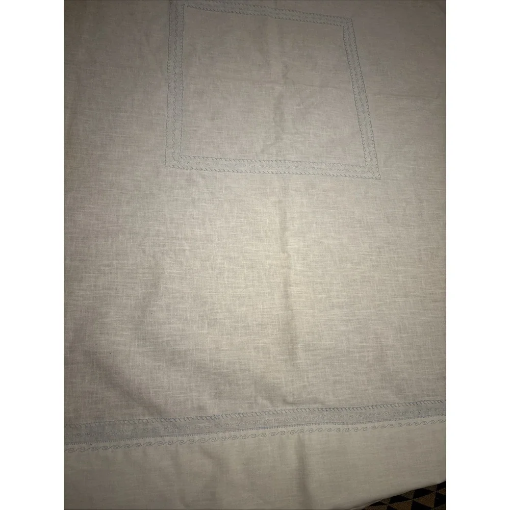 Vintage Hand Embroidered‎ Linen Heavy White Tablecloth Light Blue  49.5